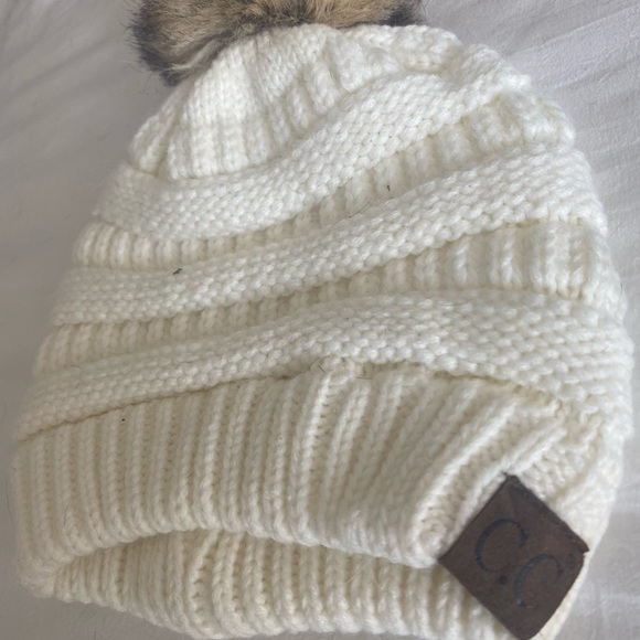 Women’s White CC Hat with Pom - Picture 4 of 4